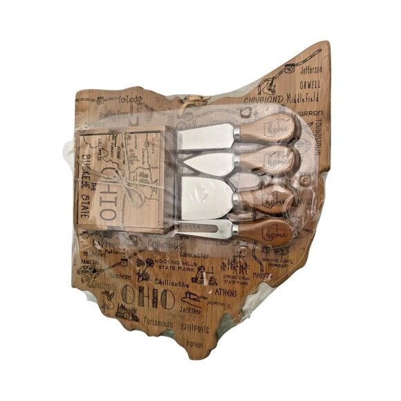 NEW Ohio State Shaped Serving Bamboo Cutting Board Hang Tie Knives Coasters Set - Picture 3 of 6